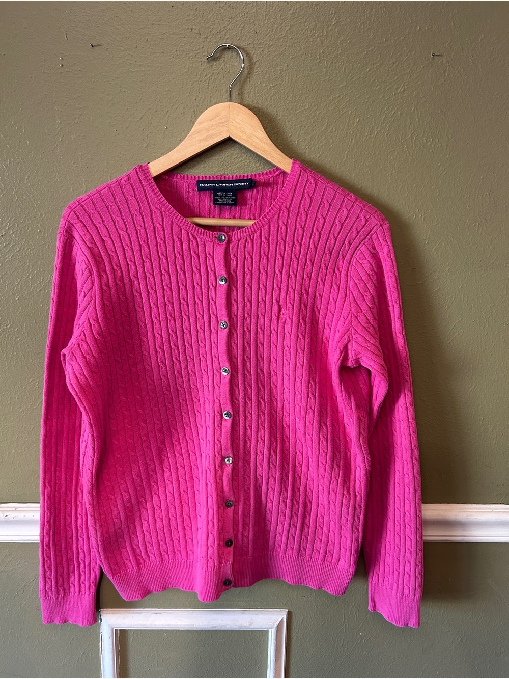 Ralph Lauren Sport Y2K Preppy Pink Cable-Knit Button Cardigan Sweater Pony